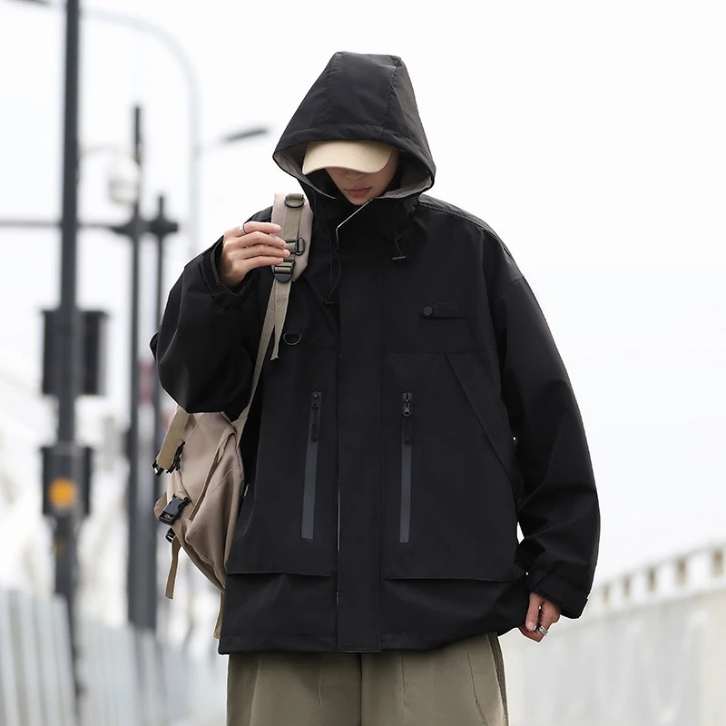 

Men's New Fashion Workwear Hooded Jackets Loose Trend Safari Style Spring Autumn High Street Windproof Coats Men