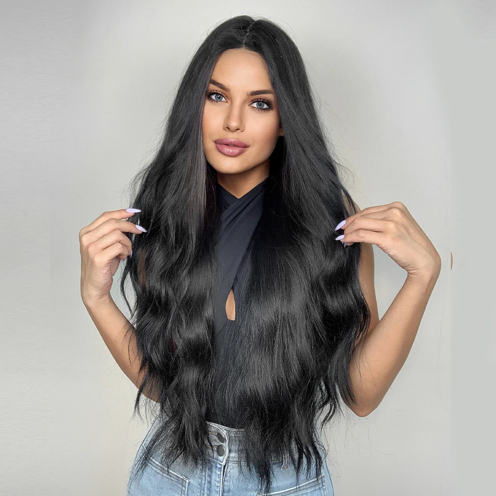 Black Wave Wigs for Women Long Natural Curly Wig Middle Part Synthetic Wig Heat Resistant Hair Daily Party Use_voghion.com