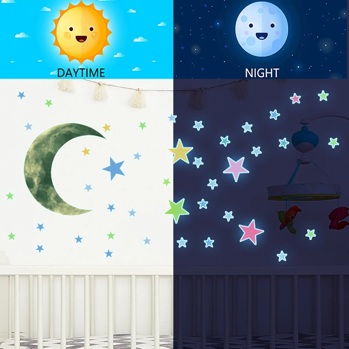 Moon Star Fluorescence Noctilucent Night Glow in Dark Luminous Vinyl Removable Nursery Kids Child Bedroom Wall Stickers Decal