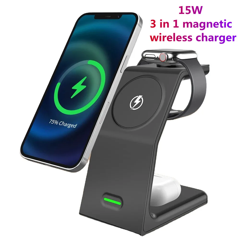 

2022 new 15W 3 in 1 magnetic wireless charging Qi fast charger for iphone 13/13Pro/12/12Pro Samsung S20/21 Earphone/smart watch