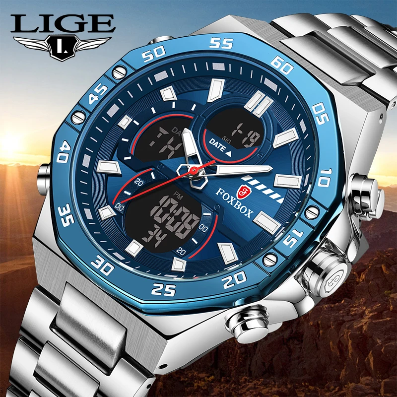 

LIGE New Fashion Sport Chronograph Watch for Men Military Waterproof Light Digital Wristwatches Stainless Steel Male Clock 2024