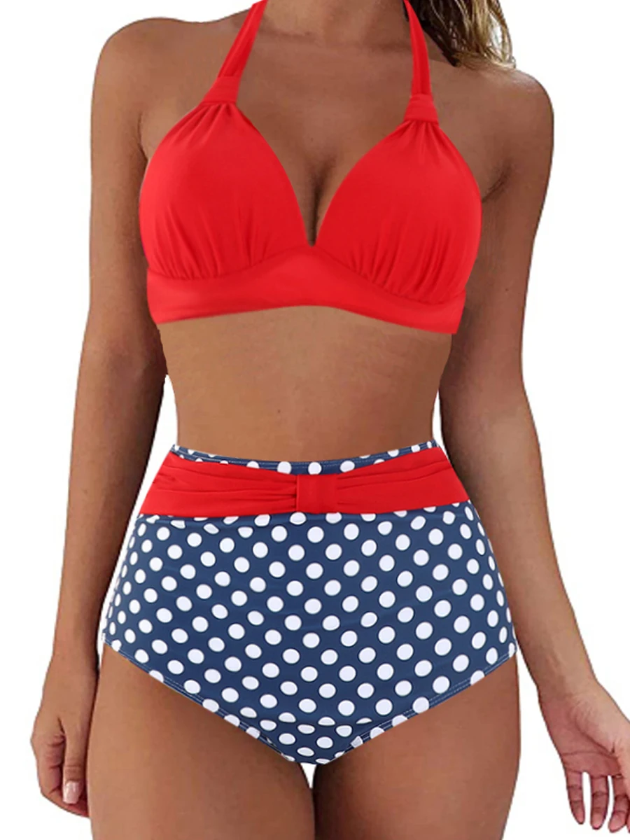 Halter Bikini Set 2023 Women High Waist Swimwear Female Solid Swimsuit Printed Beachwear Tie Back Bathers Underwire Bathing Suit