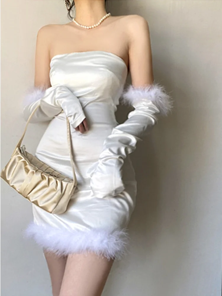 

Vintage Mini Dress Short Strapless Feather Hairy White Dresses Christmas Slash Neck Hot Sexy Korean Women Tops B195