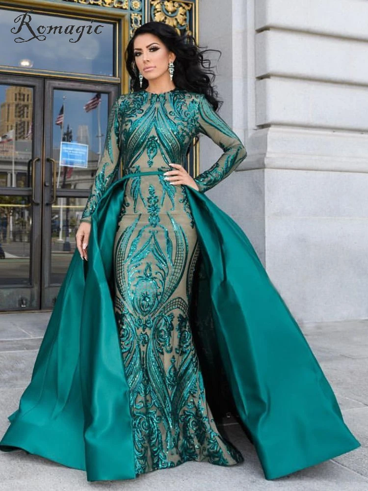 

Romagic Long Sleeves Muslim Evening Dress Detachable Train Green Burgundy Sequin O Neck Prom Formal Occasion Party Gown Women
