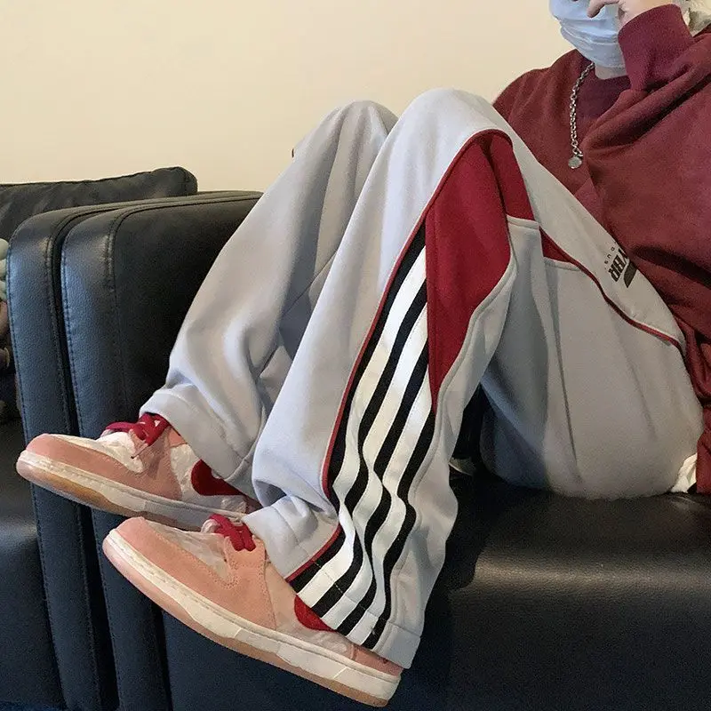 American High Street Loose Straight Wide Leg Pants Men's Autumn Contrasting Stripes Drawstring Pockets Patchwork Sports Trousers