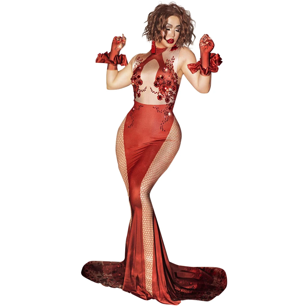 Sparkly Sleeveless Red Print Crystal Mermaid Wedding Party Dress Ladies Dragqueen Stage Costume Women Bodycon Prom Evening Dress sparkly long sleeve crystal see through prom gowns sexy stage costumes rhinestone evening dress women wedding party dress