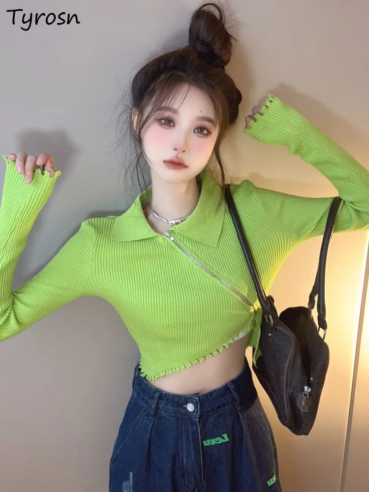 

Pullovers Women Asymmetrical Design Slim Sexy Casual Cropped Simple Pure All-match Autumn Sweater Creativity Korean Style Chic
