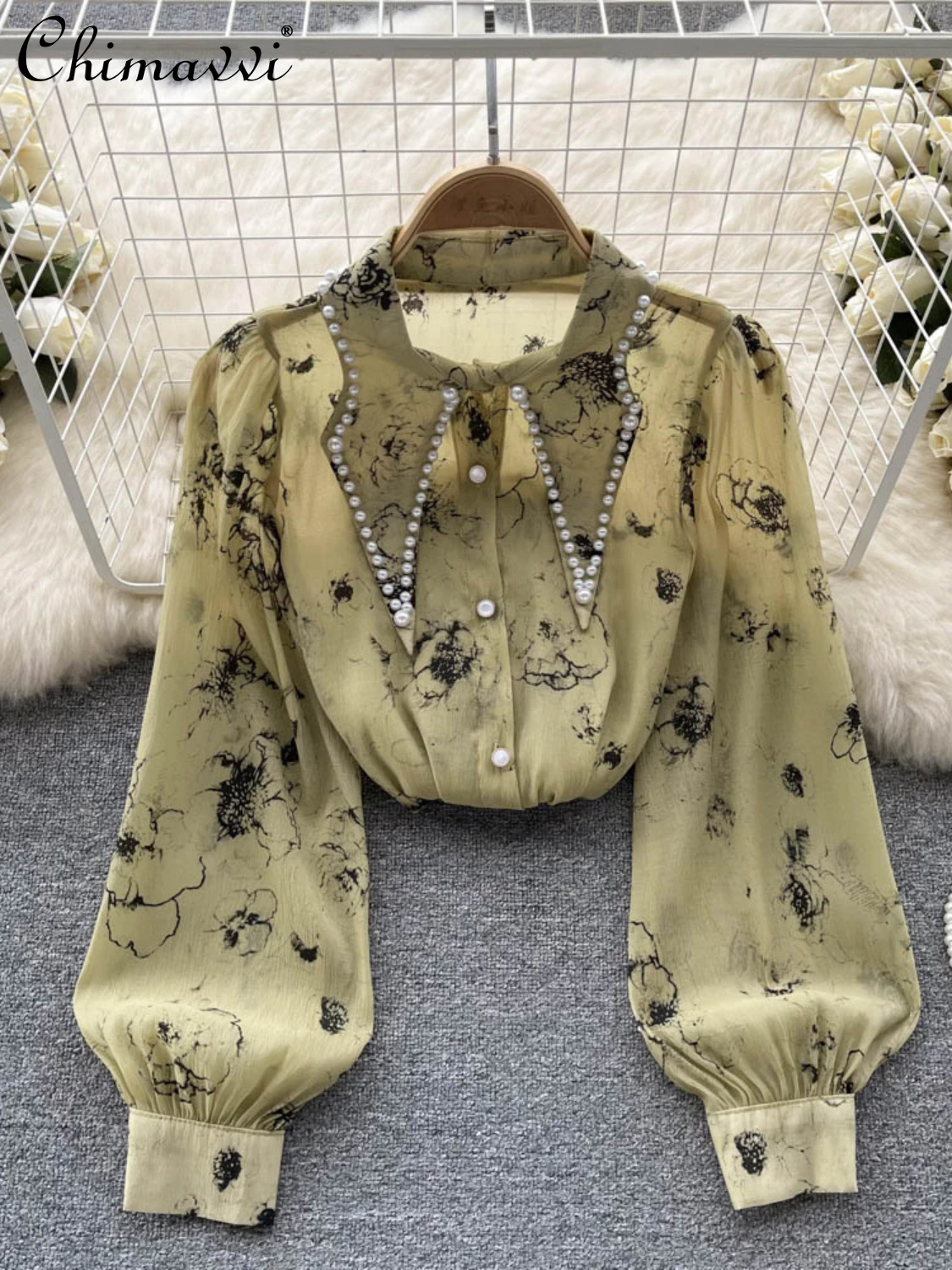 

High-Grade Floral Long-Sleeved Chiffon Shirts Autumn New Fashion Blouse Office Lady Top Women's Pointed Collar Loose Blouse
