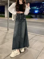 Elegant Hong Kong Style High Waist Raw Hem Denim Skirt Fashion Vintage A-Line Midi Indie Design Comfortable Long Denim Skirt - Image 2