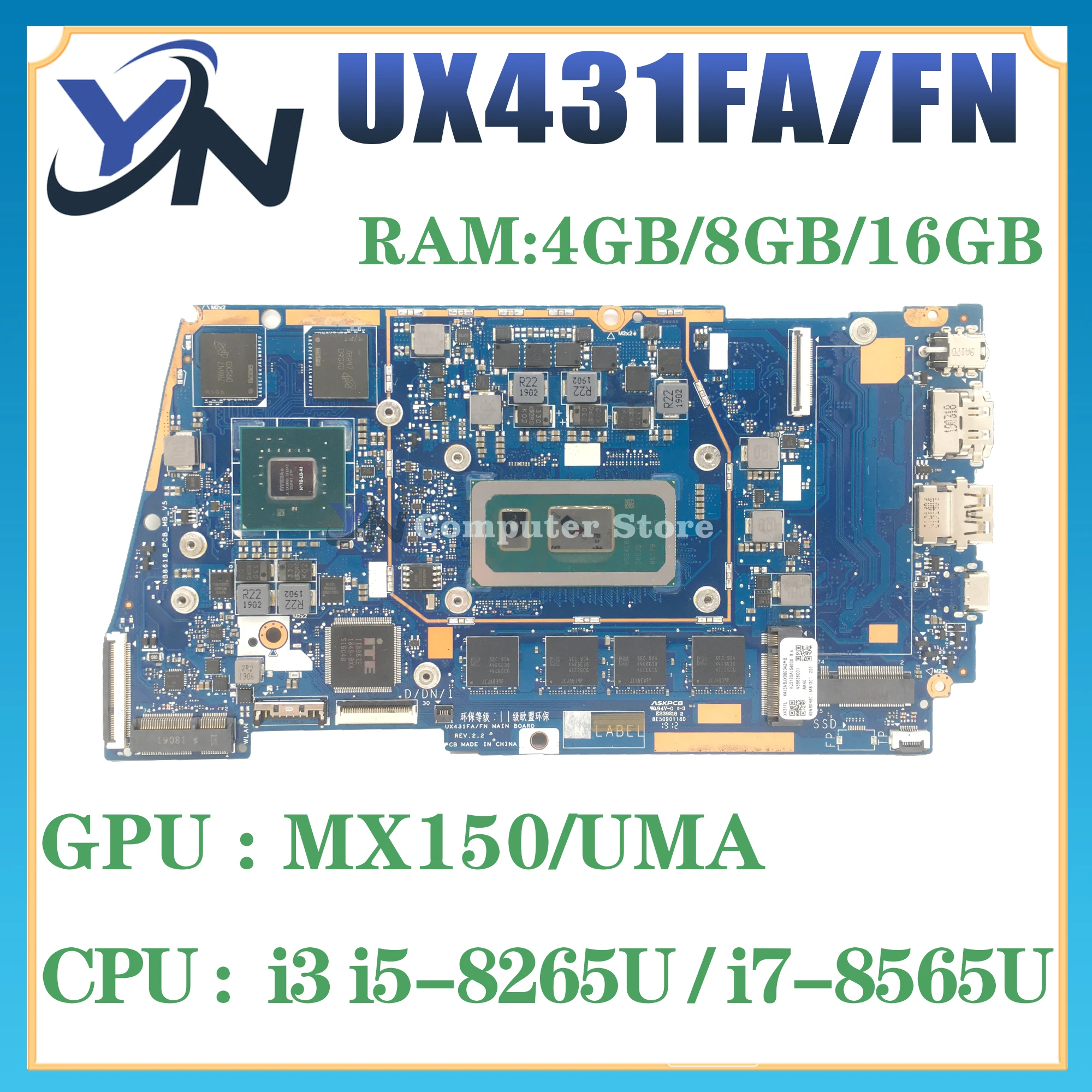 

UX431FA/FN Mainboard UX431FL UX431FLC UX431FAC UX431FN UX431F X431FA Laptop Motherboard I3 I5 I7 8th/10th 4G/8G16G-RAM V2G/UMA