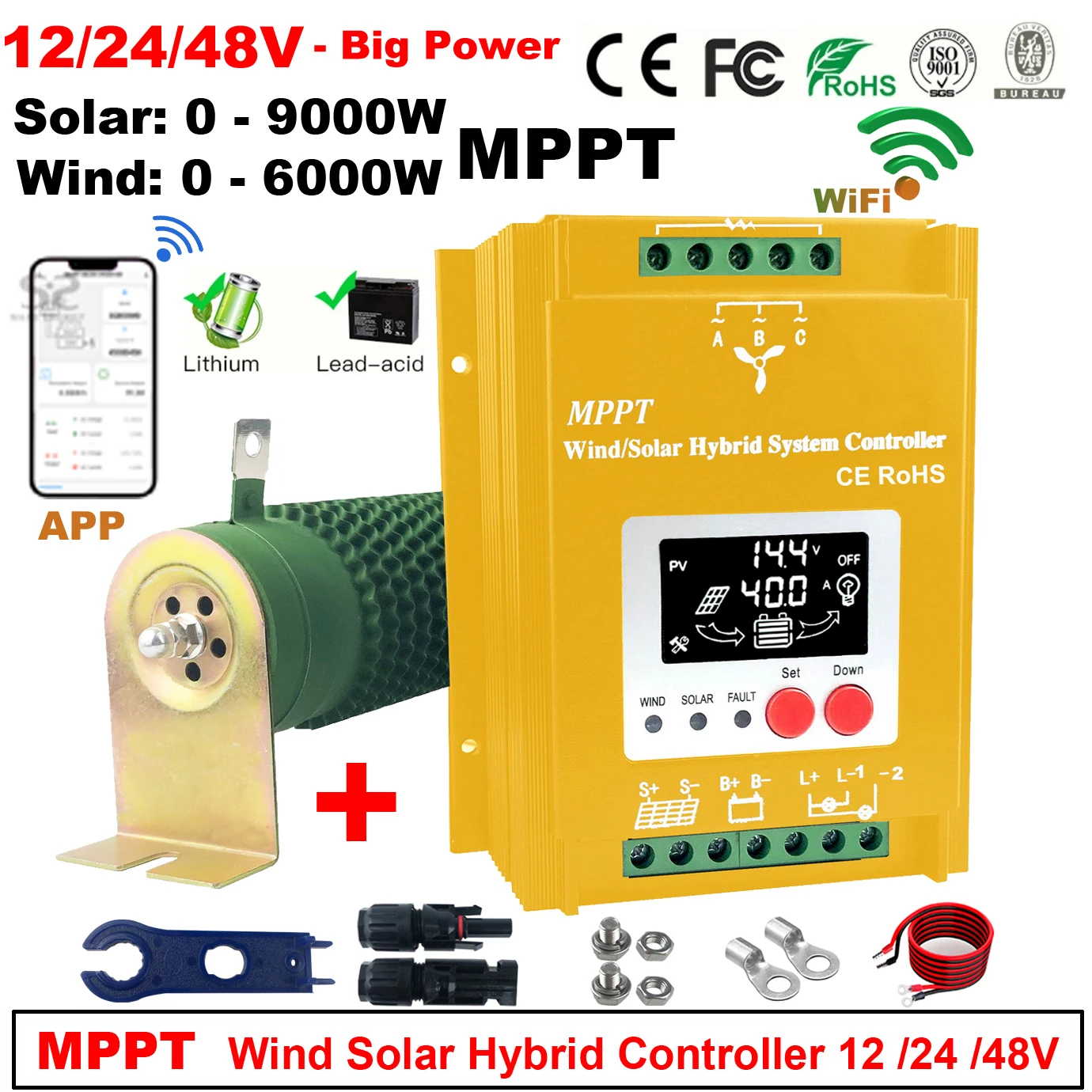

12 24V 48V 4000W 6000W 8KW MPPT Hybrid Wind Solar Charge WIFI Booster Controller Regulator Lifepo4 Lithium Lead Acid GEL Battery