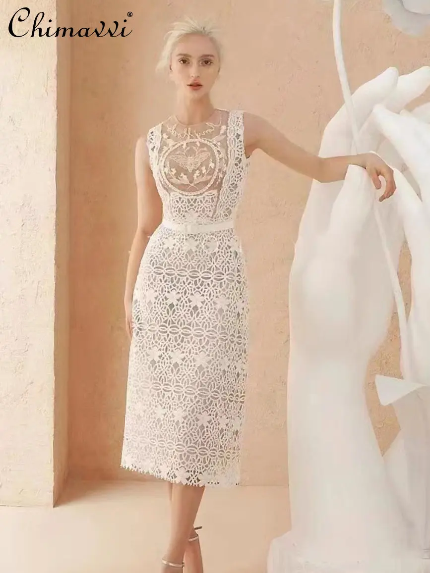 

Ladies Fashion Embroidery Mesh Lace Stitching Dress 2023 Summer Dress New High Waist Slimming Mid-Length Elegant Dresses Women
