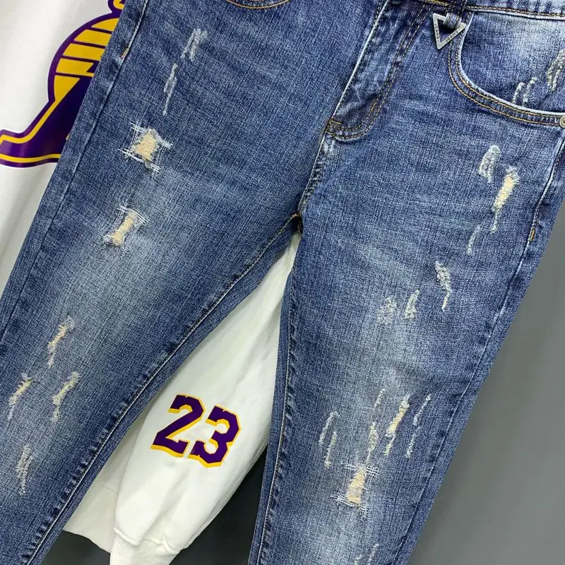 New Korean Trendy Men's Distressed Denim Casual Pencil Pants Spring and Autumn Blue Jeans Washed Luxury Cowboy Streetwear Pants
