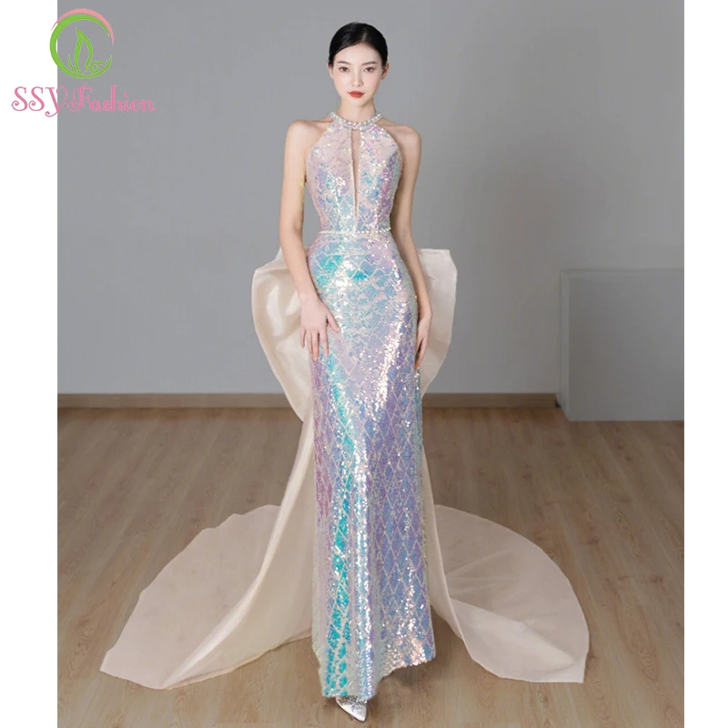Luxurious Purple Sequins Mermaid Evening Dress For Black Girls Y7311