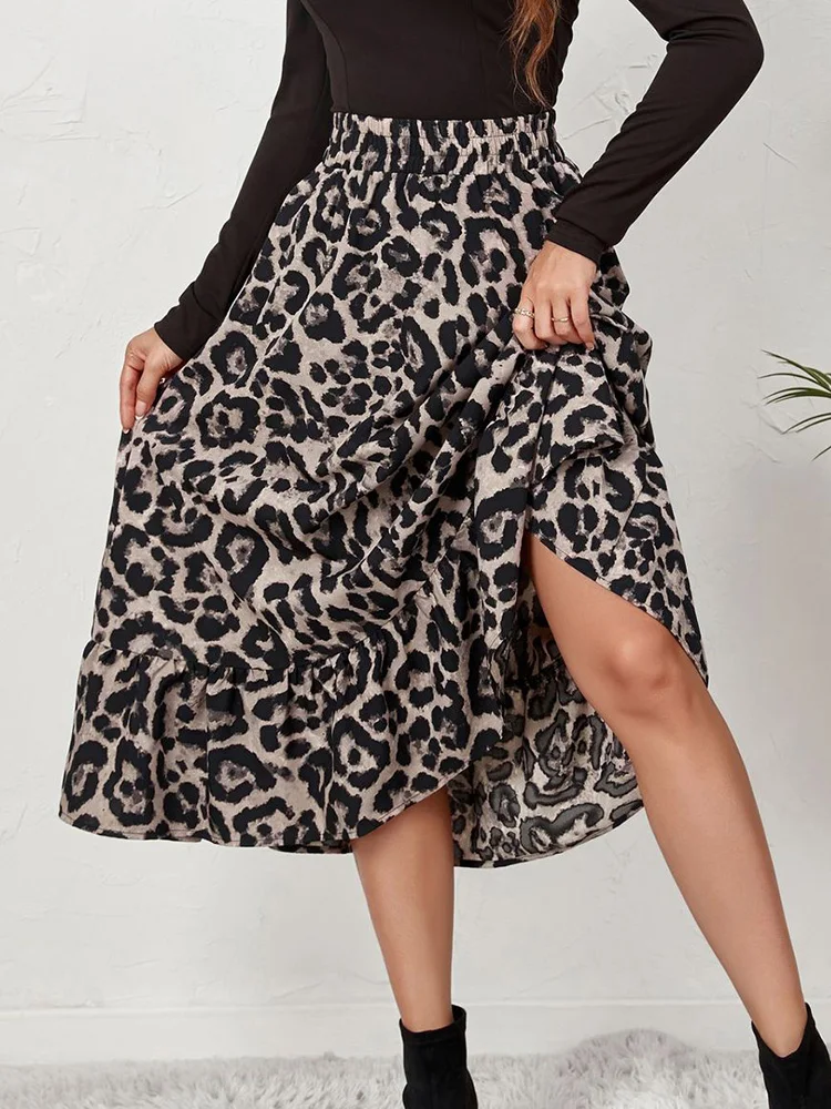 Chiffon Pleated Skirt Women Summer Sexy Leopard Printed Mid-Calf Gray Coffee Loose Long Skirts High Waist