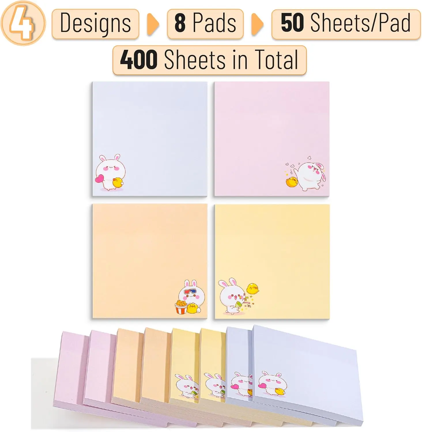 Mr. Pen- Sticky Notes, 3”x3”, 8 Pads, 400 Sheets, Cute Rabbit Sticky Notes