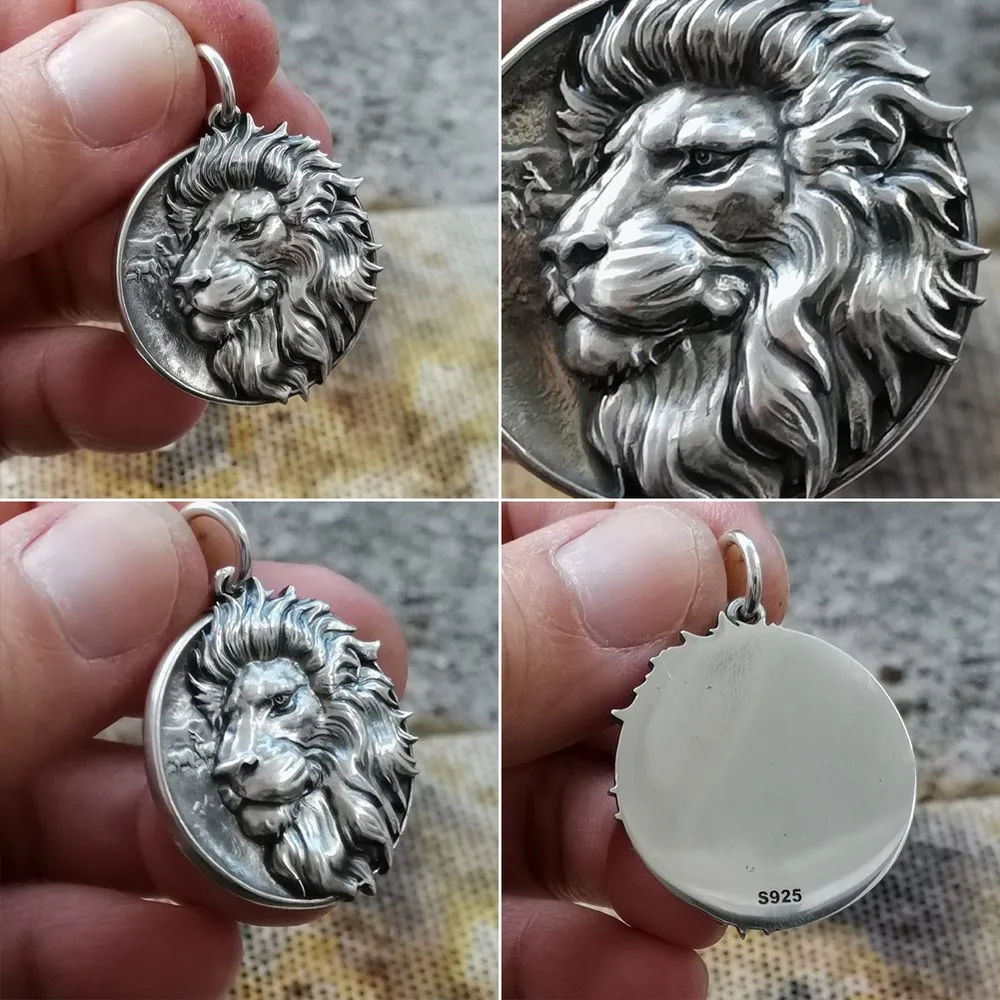 LINSION 925 Sterling Silver Embossed Lion Pendant Mens Punk Pendant TA337