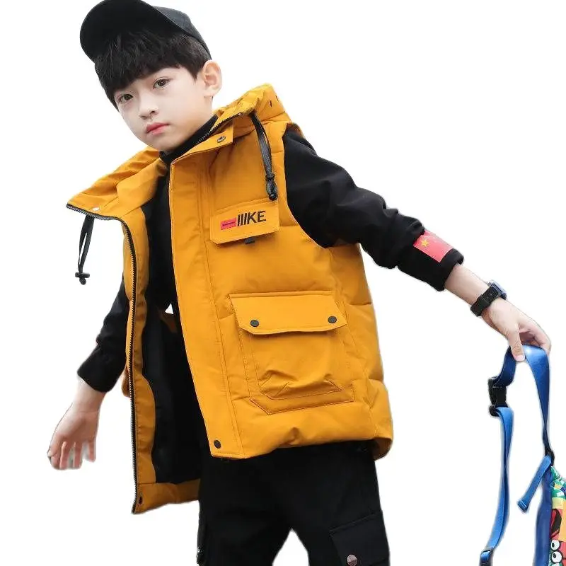 

2022 Spring Autumn New Sleeveless Wadded Jacket Teen Kids Boy Fashion Warm Letter Waistcoat Children Hooded Thick Vest Outerwear