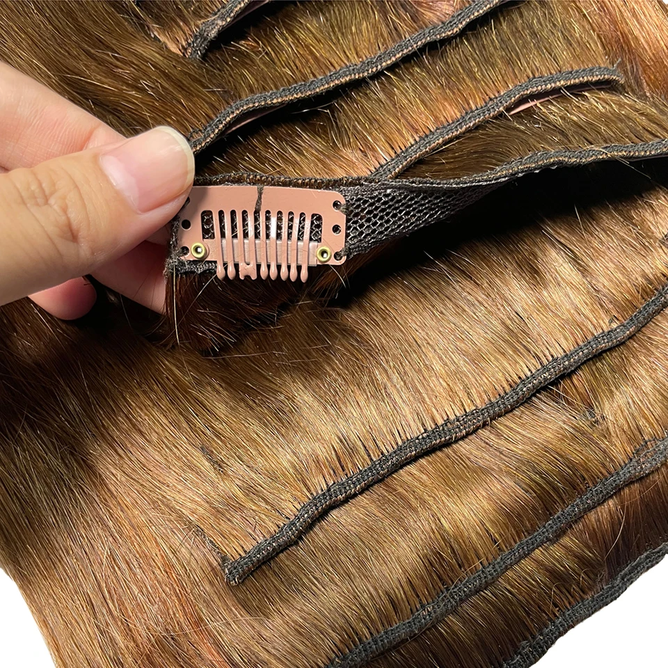 Hair Extensions Brazilian Remy Straight Clip In Human Natural Color #4 Full Head 120G For Black Women