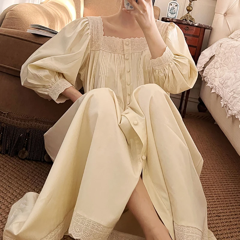 

Women Victorian Night Dress Spring Autumn Pure Cotton Long Sleeve Peignoir Vintage Nightgowns Sleepwear Princess Nightwear