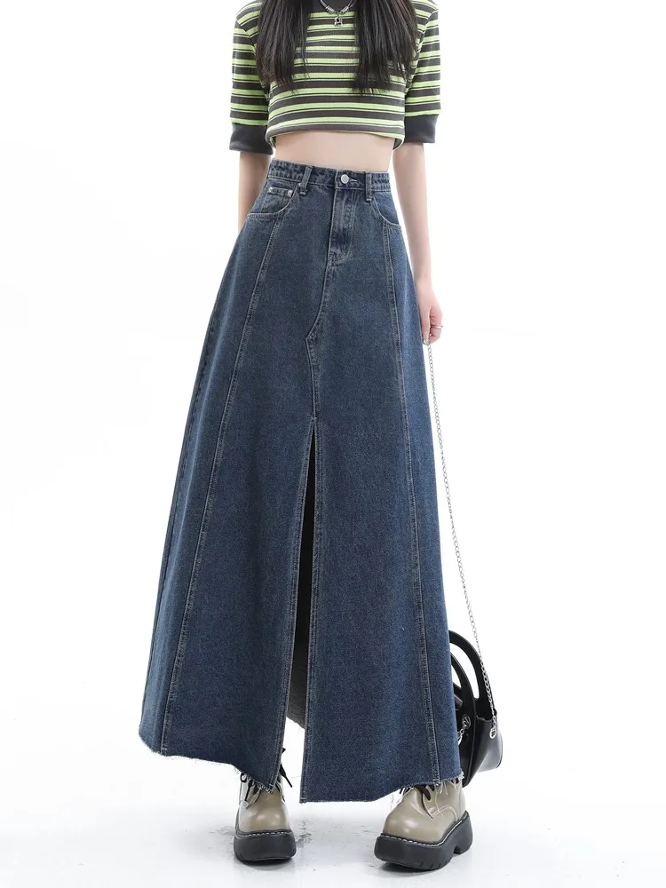 

GUUZYUVIZ Vintage Blue Long A Line Split Denim Skirt For Women Loose Casual Jean Skirts For Ladies
