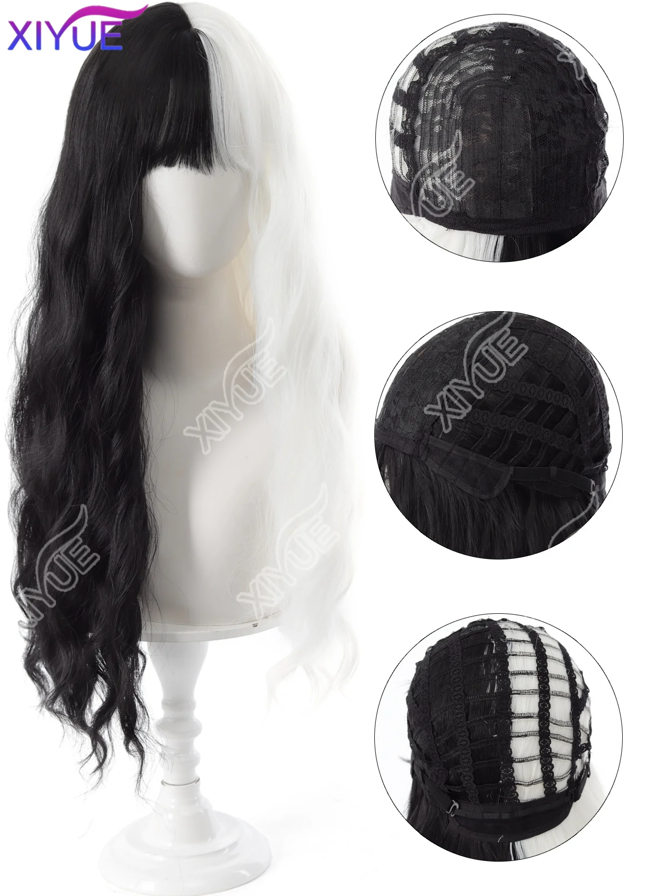 XIYUE Cosplay Halloween Party Wigs Black White With Bangs long curly hair Hair for Women Heat-Resistant Synthetic Wig