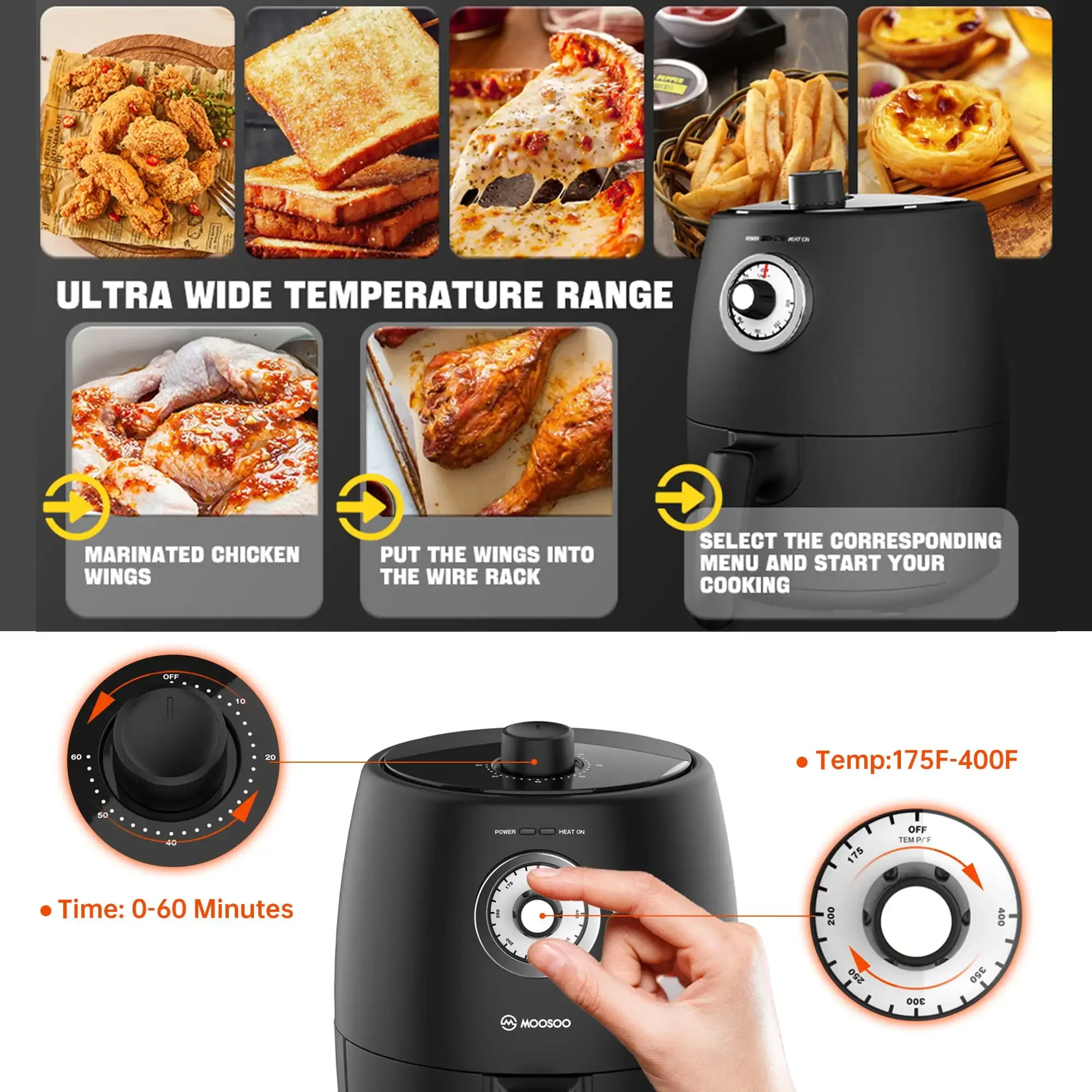 NEW 2 Quart Small Air Fryer with 50pcs Air Fryer Paper Liners, 1200W, New, Black, Nonstick Basket , 100 Recipes 2