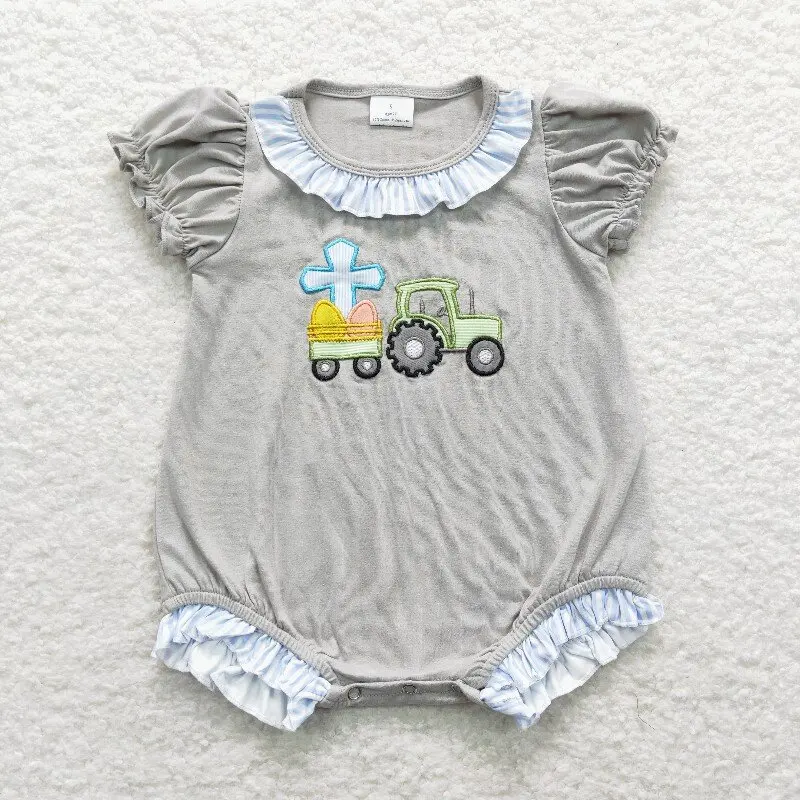 New rts style Easter Gray boys Rompers Wholesale Boutique Embroidery Cross Easter Egg Truck Pattern Girls Short Sleeve Romper 2