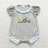New rts style Easter Gray boys Rompers Wholesale Boutique Embroidery Cross Easter Egg Truck Pattern Girls Short Sleeve Romper 2