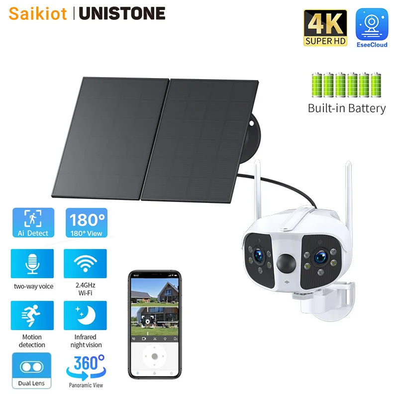 Saikiot 4K 180 Gradi Panoramica Wifi Telecamera Solare Dual Lens Dual Solar Panel Camera Wireless Security Wifi Telecamera Solare Esterna
