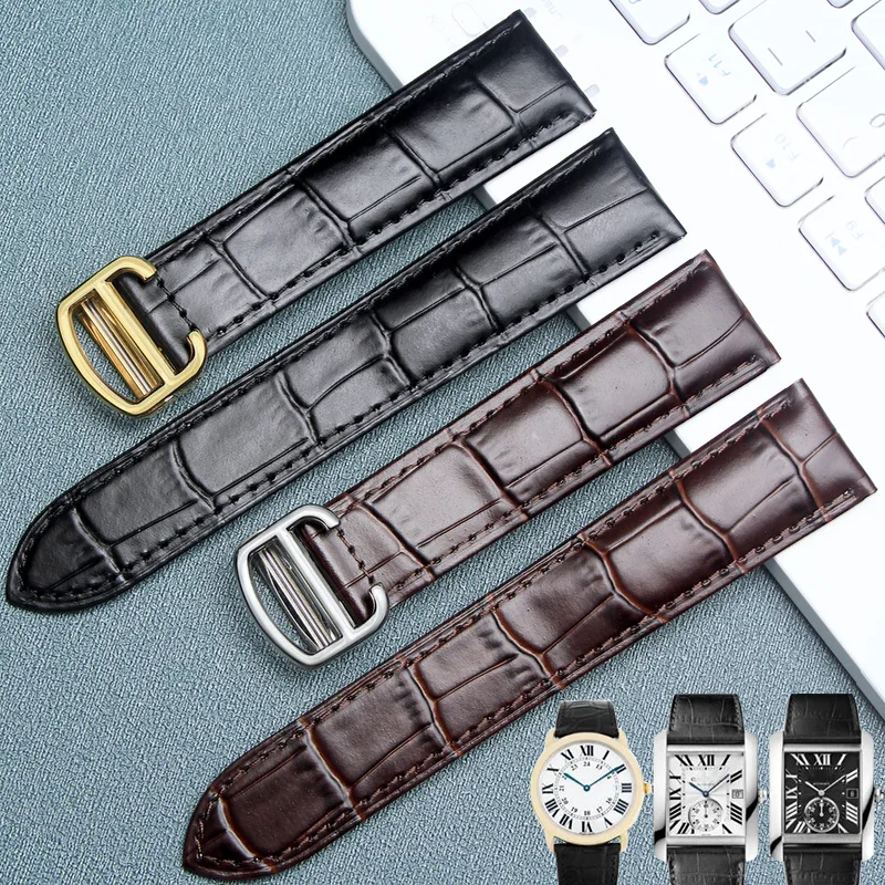 Per Cartier Tank Black Brown Watchband Uomo Donna London Solo Bamboo Knot Pattern Pelle Bovina Con Cinturino Per Orologio Strumento 17 18 20 22Mm