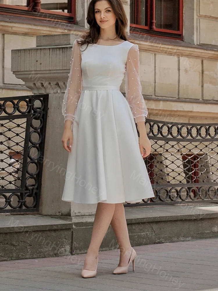 

Satin See Through Long Sleeves Prom Dress with Pearl A Line Formal Evening Dress for Women Round Neck Cocktail Party Gowns