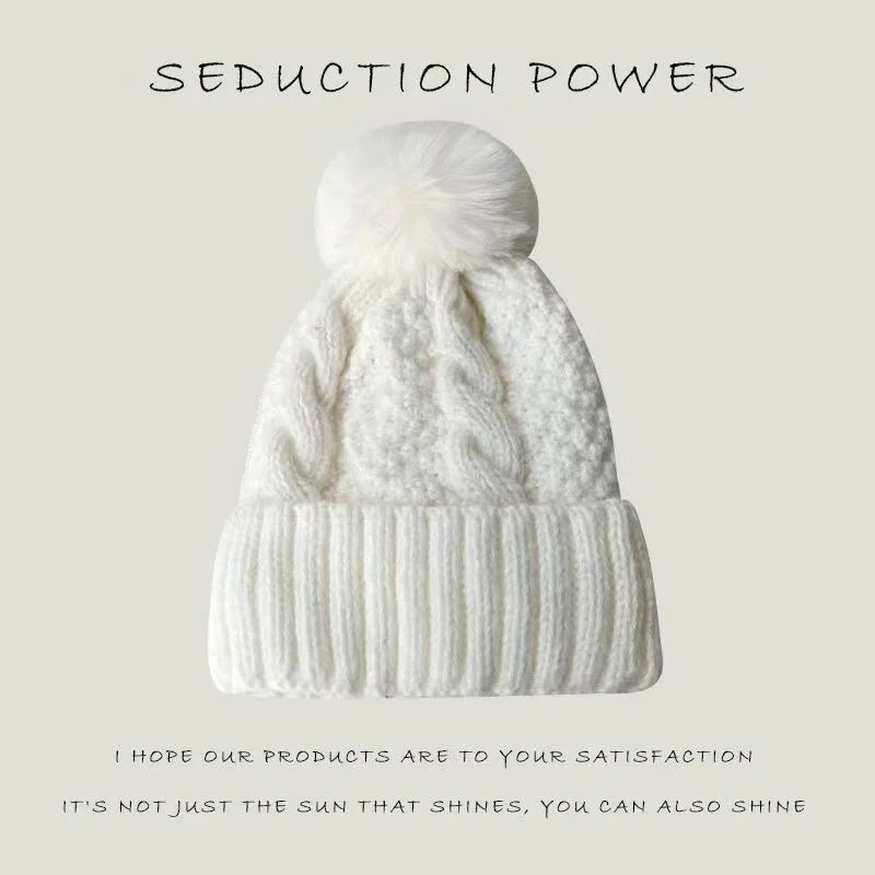 New Winter Twist Knitting Hat For Women Fur Pompom Thick Plush Cap Beanie Solid Color Ladies Warm Ski Snow Skullies Beanies 3