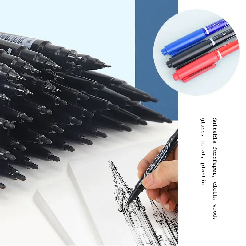 

10 Pcs markers pen Double headed Permanent Marker Black/Blue/Red Oil Marker Pen Marker Ink Stationery School & Office Supplies