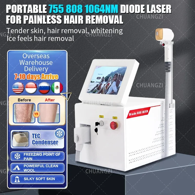 808nm Diode Laser Hair Removal Machine Sapphire Contact Cooling Head Painless Laser 755 808 1064 Epilator