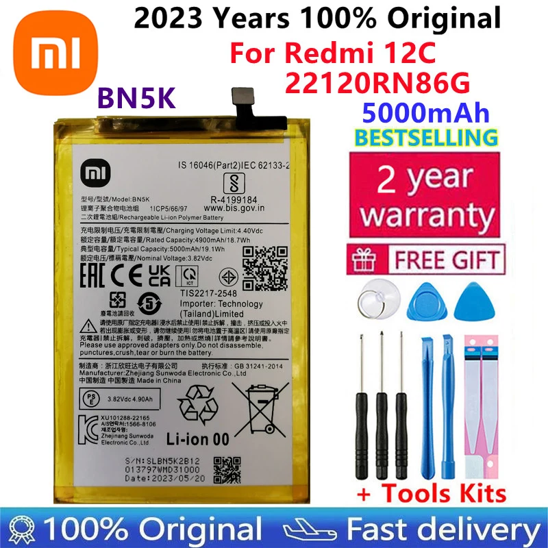 

100% Original High Quality New Replacement 5000mAh Battery BN5K For Xiaomi Redmi 12C Genuine Phone Batteries Bateria