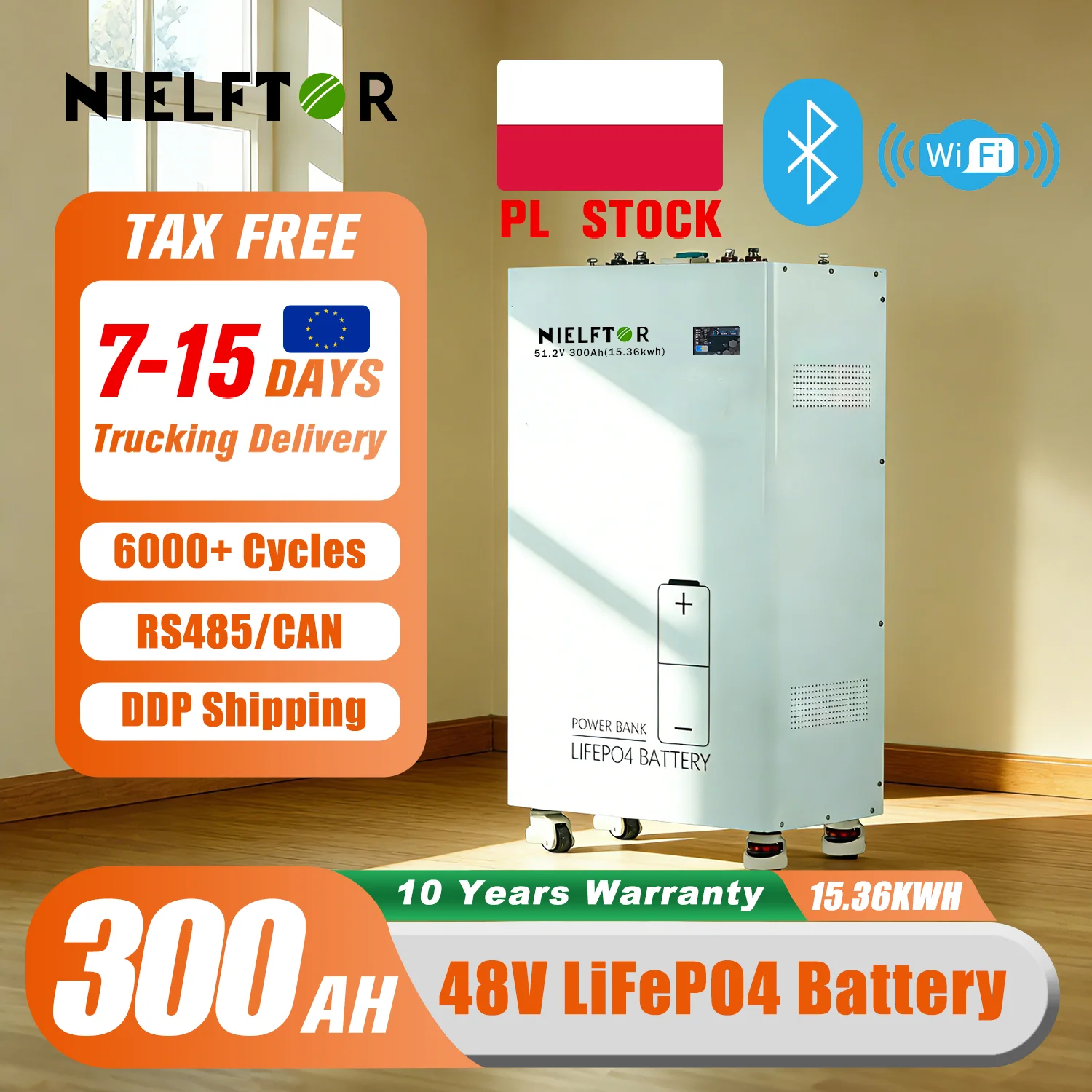 NIELFTOR LiFePO4 Battery Pack 48V 300Ah 15KWh, Smart BMS 51.2V 100Ah 200Ah 600Ah 900Ah LiFePO4 Battery for Solar RV EU Stock Tax Free