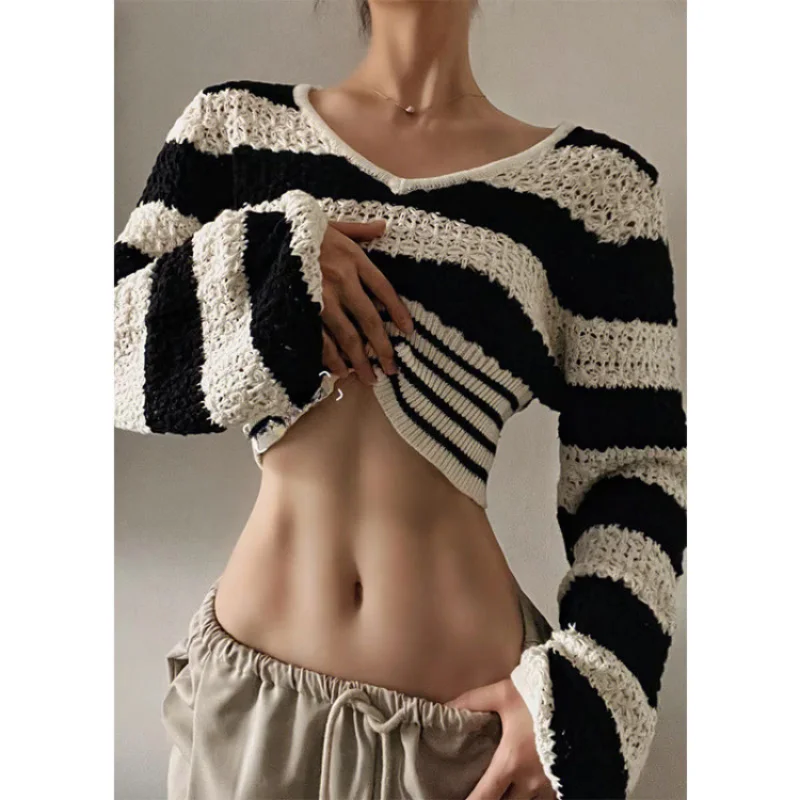 

Y2k Kpop Striped Crop Sweater Women Hippie Vintage Coquette Slim Knitted Top Harajuku Grunge Corset Long Sleeve Jumper