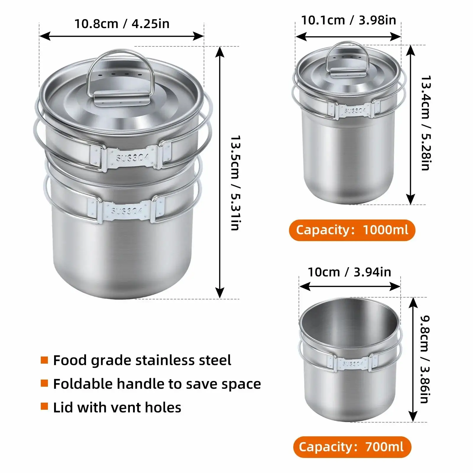 2PCS Outdoor Camping Mugs Portable Compact Stackable Stainless Steel Cups with Foldable Handle for Camping Fishing Backpacing