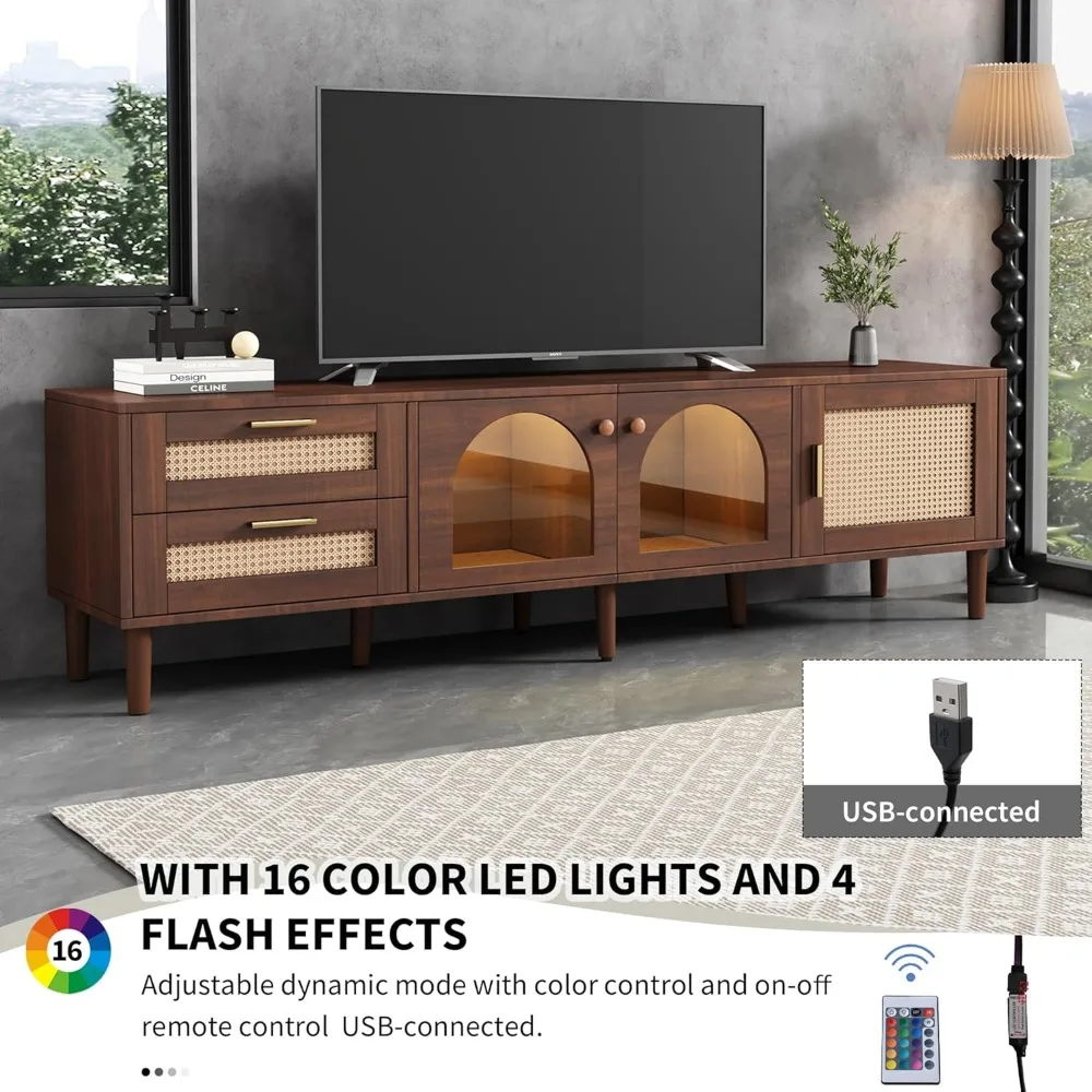 70" TV Stand with LED Lights, 3 Cabinets & 2 Drawers, Solid Wood Feet, TVs Up To 80", Living Room Rattan TV Stand 4