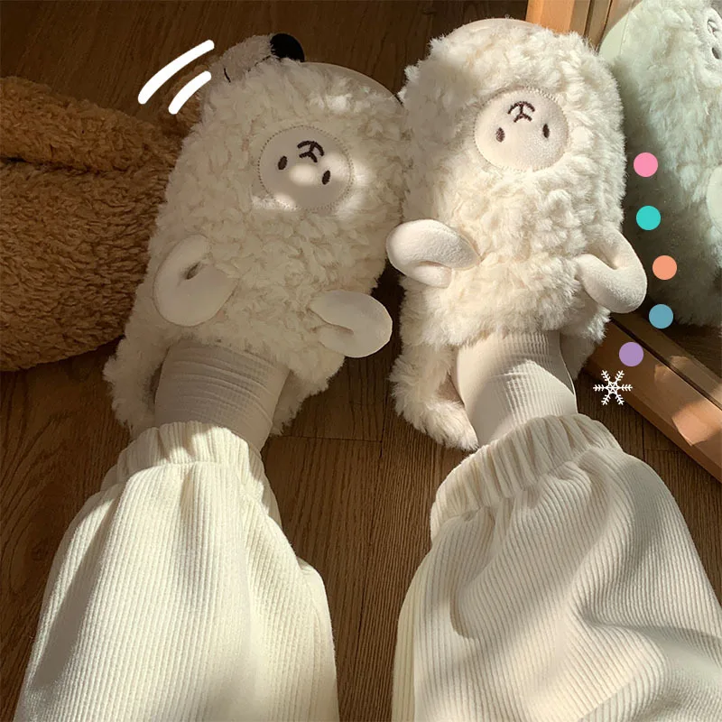 Cartoon Cute Cotton Slippers Autumn and Winter Indoor Home Couple Slippers Warm Faux Fur Slippers Girl Heart Shoes Winter