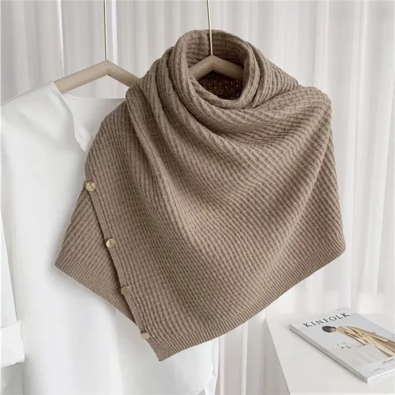 

2024 Spring Autumn Multi-purpose Button Scarf Women Knitted Shawl Changeable Imitation Cashmere Cloak Poncho Capes Khaki