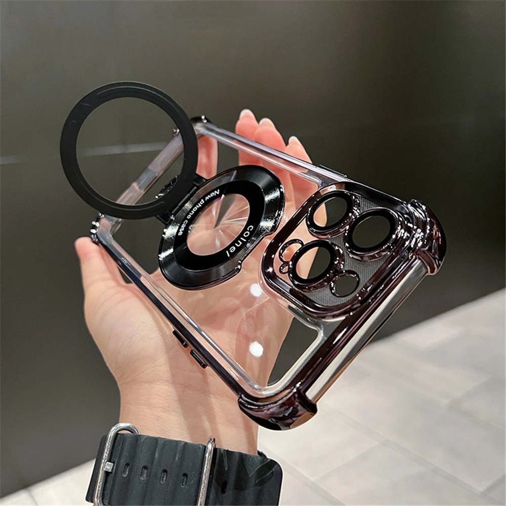 thumbnail image 1 of Luxury Plating Shockproof Magnetic Bracket for Magsafe Clear Case for iPhone 15 11 12 13 14 Pro Max Plus With Holder Stand Cover, 1 of 5