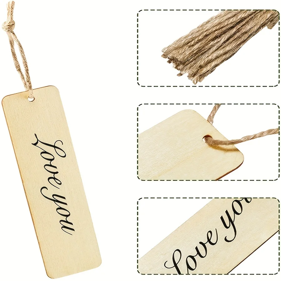 Wooden Blank Bookmark DIY Craft Unfinished Tag List Rectangular with Hole and Rope