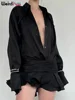 Weird Puss See-Through Tierred Dress Woman Summer Solid Turn-Down Collar Shirt Ruffles Chic Long-Sleeve Chiffon Party Bodycon 3