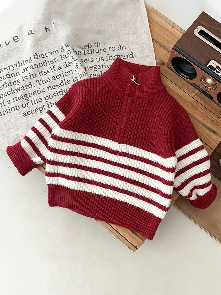 

Spring Autumn New Boys' Half Zipper Striped Sweater 2024 Fashion Children's Warmth Tops Loose Knitted Long Sleeve Pullover