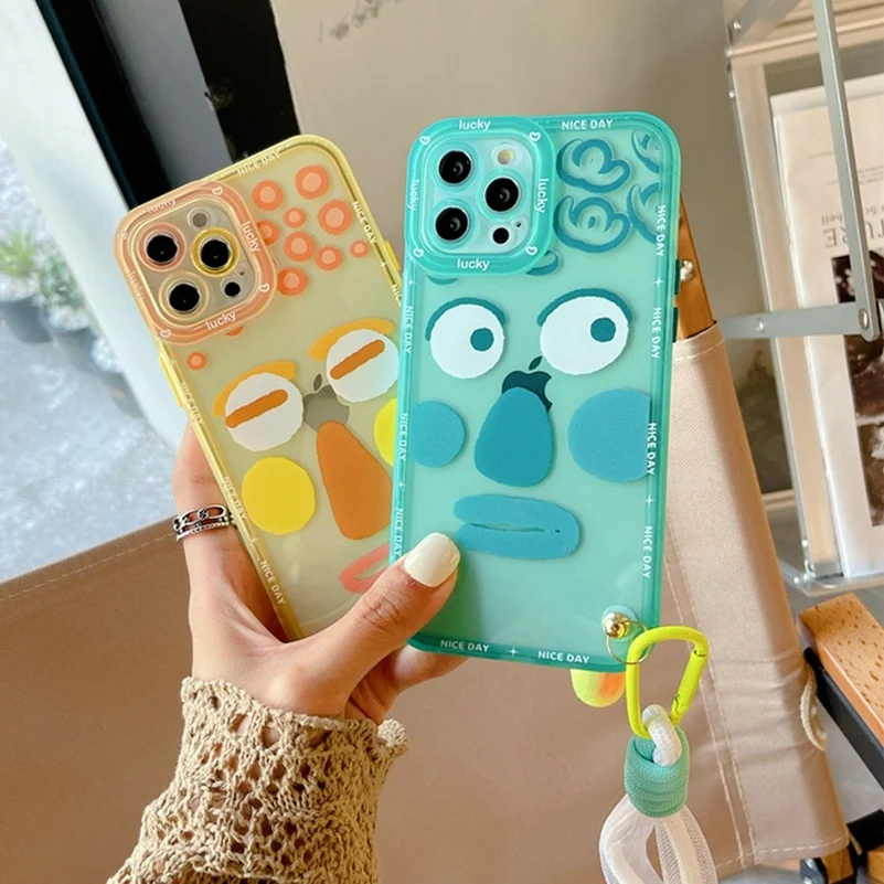 Cute Fluorescent Letters Phone Case For iPhone 13 Pro Max 11 12 14 Pro Xs Max Xr X 7 8 Plus Hand Strap Short Rope Soft TPU Cover 4