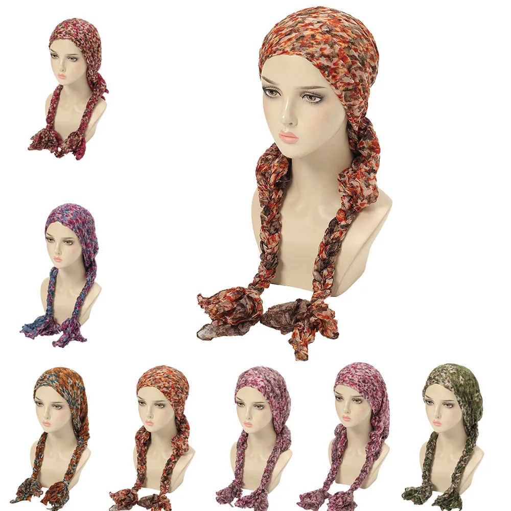 

New Women Pre-Tied Print Muslim Braid Turban Hijab Cancer Chemo Hat Cap Hair Loss Cover Headscarf Headwrap Stretch Bandana Mujer