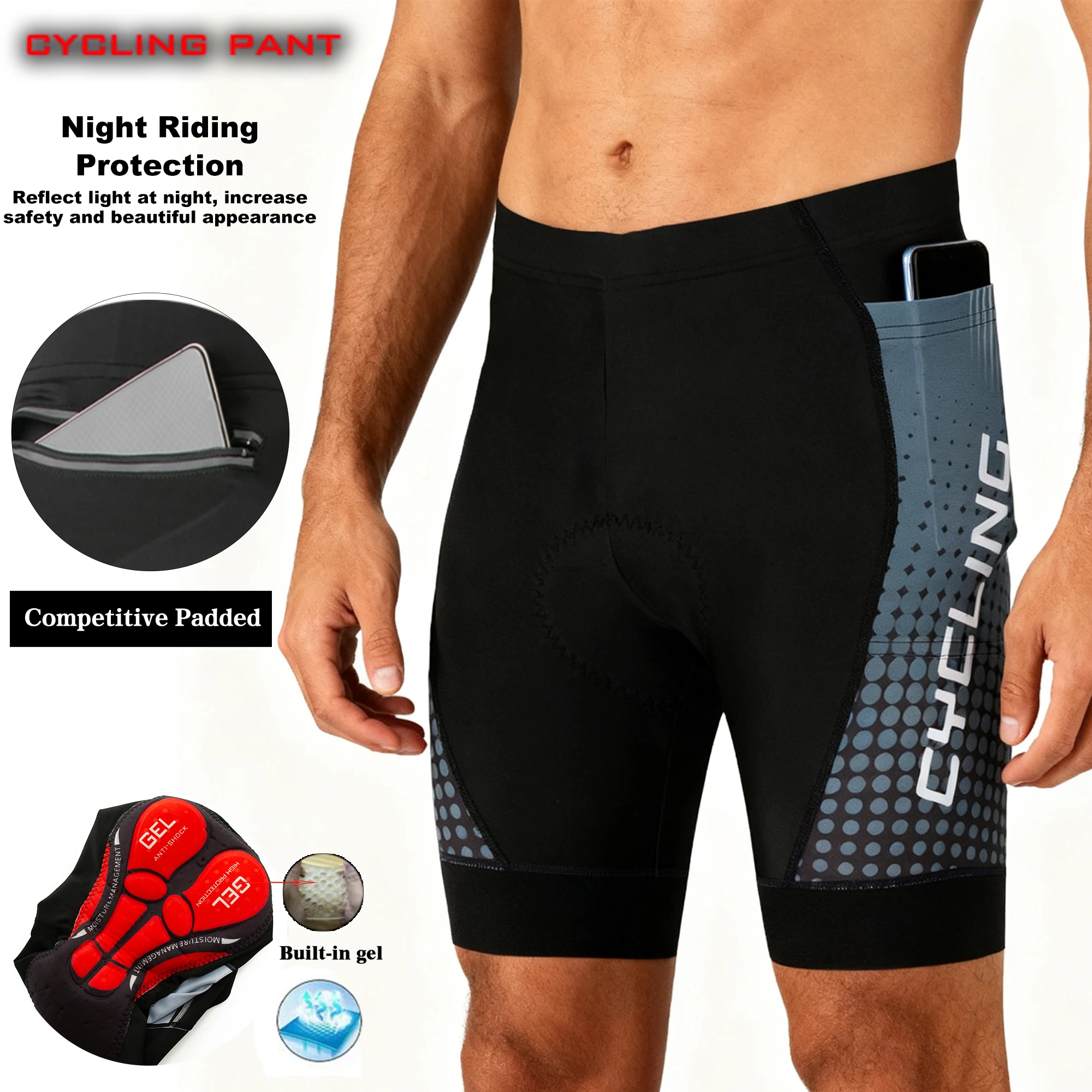 Herren-Radlerhose mit Professioneller Stoßdämpfung, 5D-Polsterung, Reflektierend, Atmungsaktiv, für Mountainbike und Rennrad, mit Rückentaschen – Detail 1