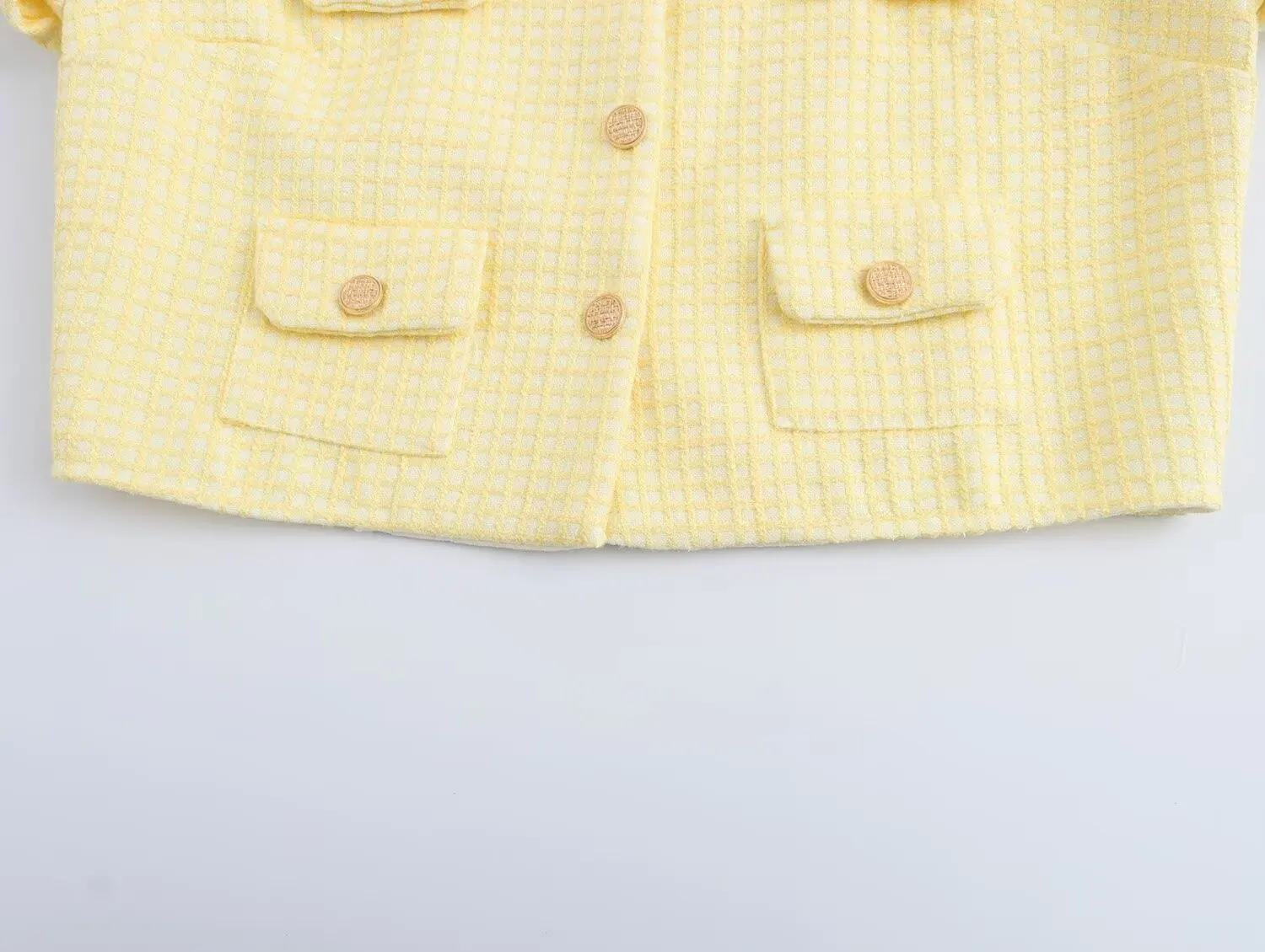 Abrigo de tweed a cuadros amarillo con cuello redondo para otoño, chaqueta corta vintage con bolsillos delanteros y botones dorados para mujer, chaqueta elegante